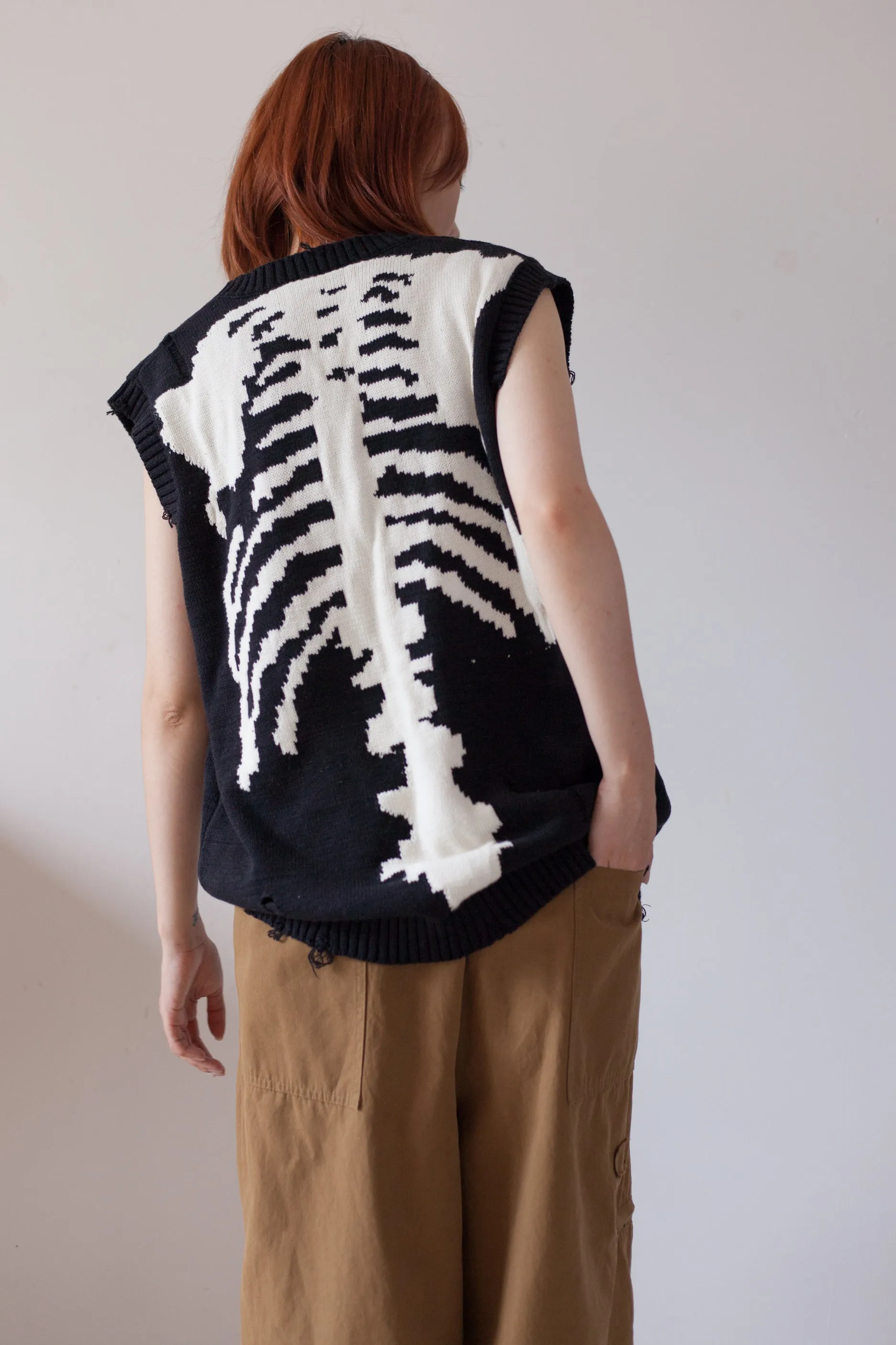 Japanese fall black knitted vintage skull mens women's pullover sweater vest