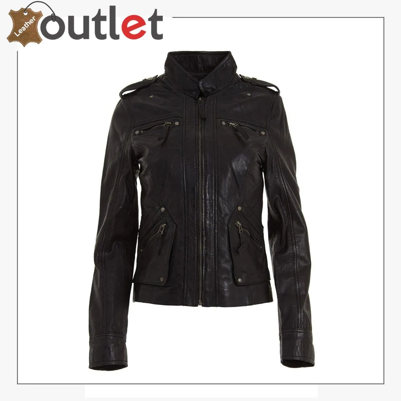 Ladies Womens Classic Black Fashion Soft Nappa Leather Fitted Rock Jacket