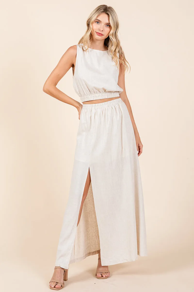 Linen Crop Top and Split Thigh Maxi Skirt Set