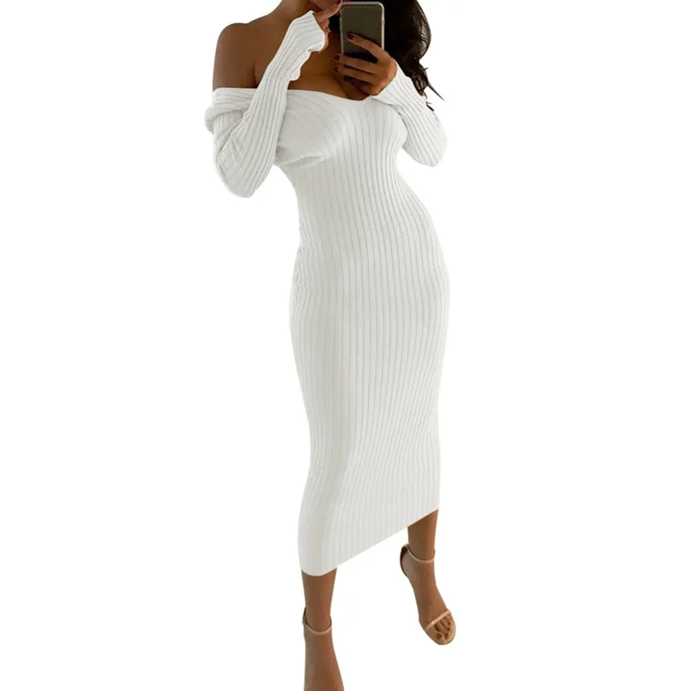 Long Sleeve Knit V-neck or Off the Shoulder Dress