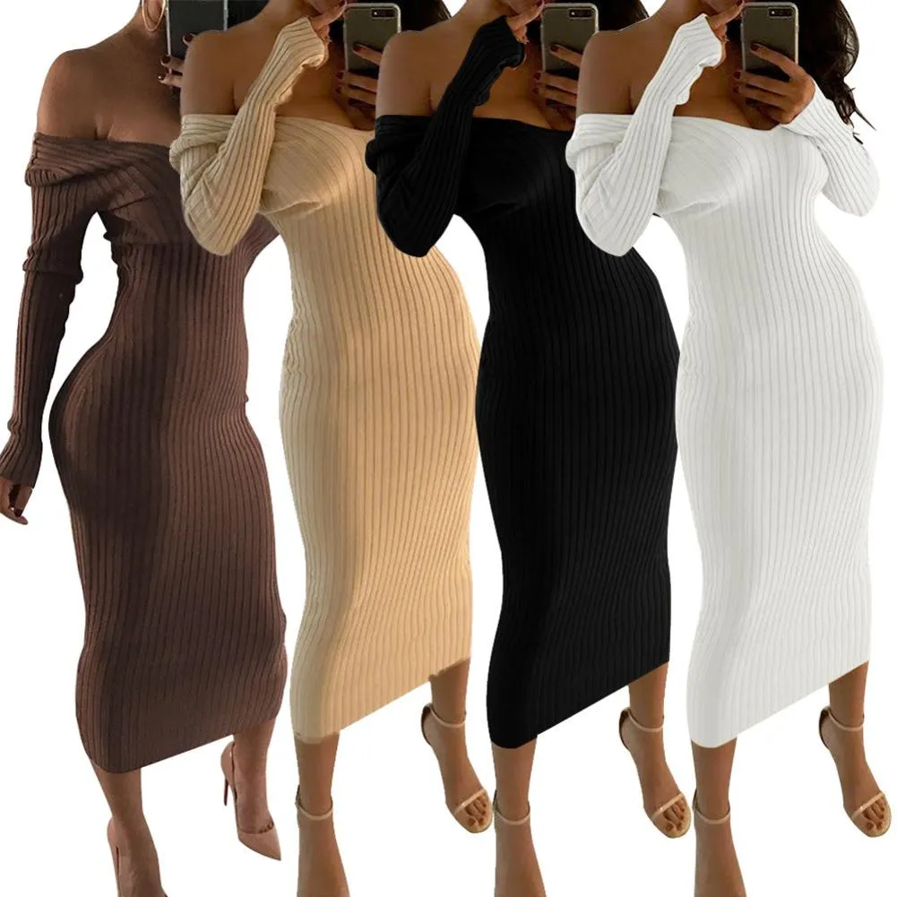 Long Sleeve Knit V-neck or Off the Shoulder Dress