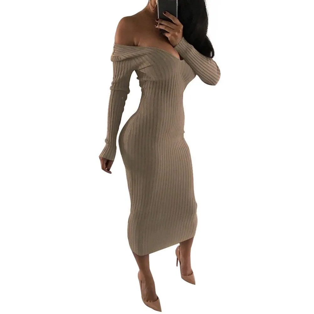 Long Sleeve Knit V-neck or Off the Shoulder Dress