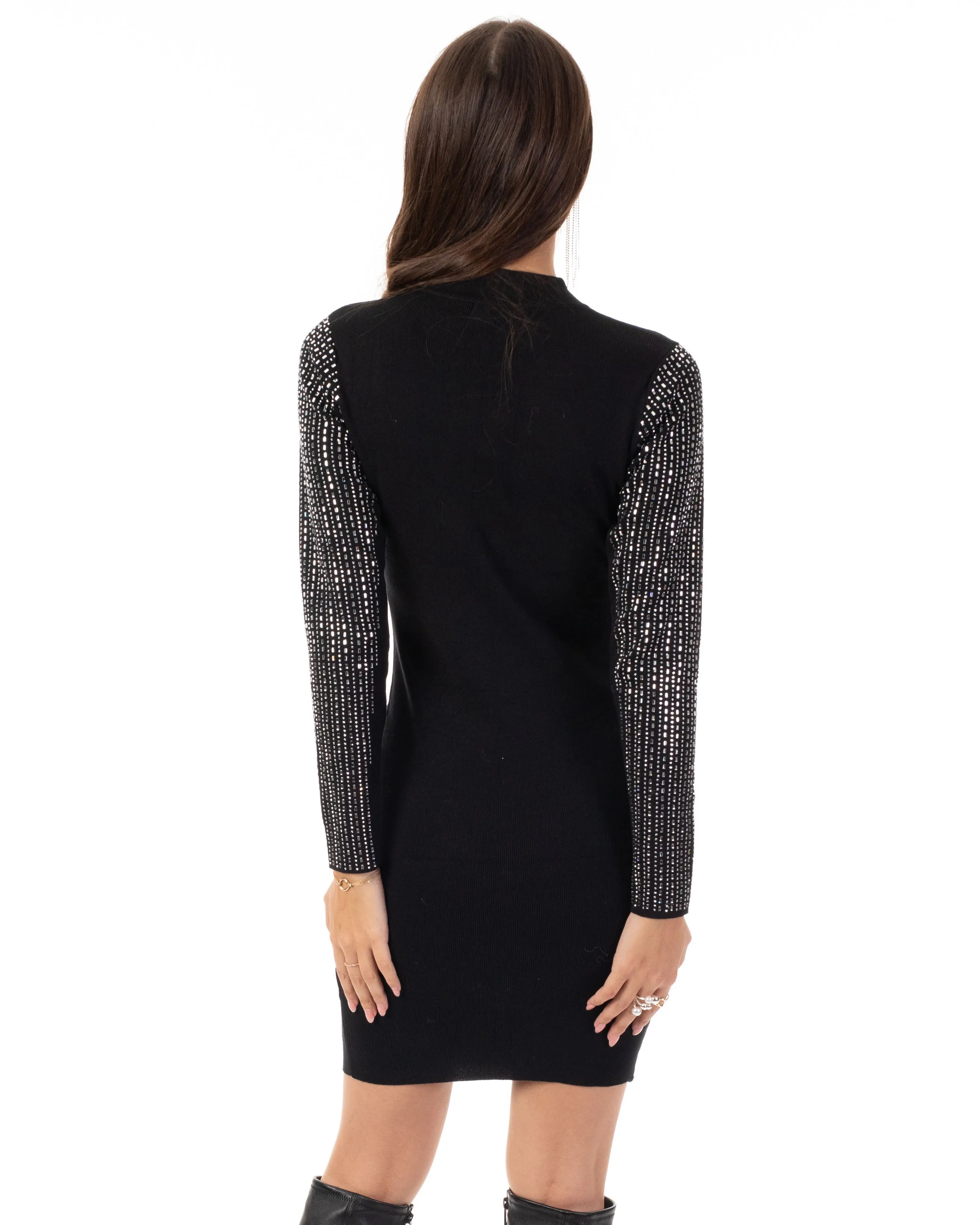 Long Sleeves Diamond Sequin short Dress in Black