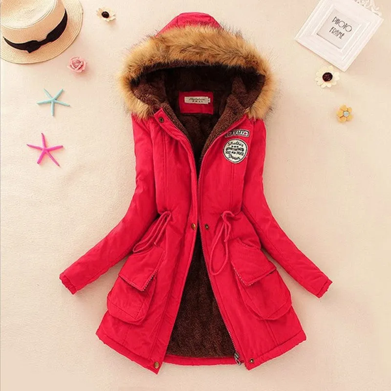 Long Women's Cotton-Padded Jacket With Wool Collar