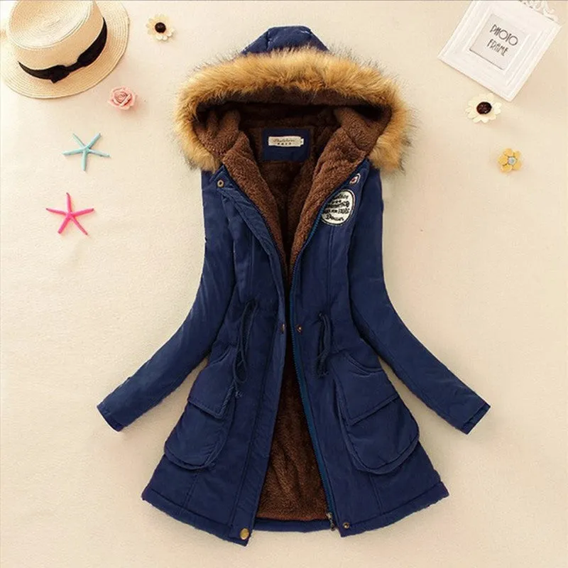 Long Women's Cotton-Padded Jacket With Wool Collar