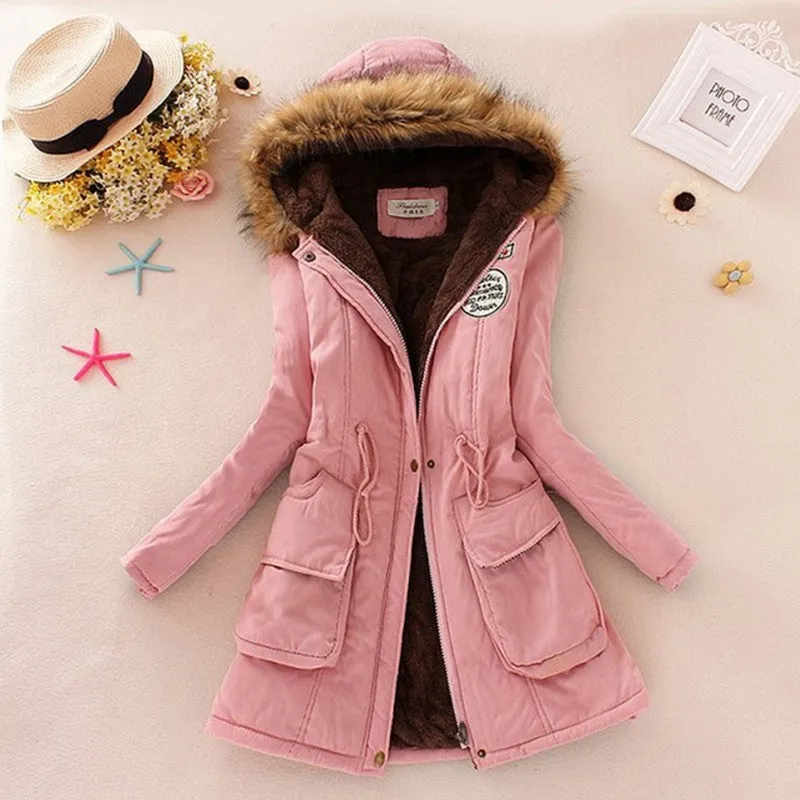 Long Women's Cotton-Padded Jacket With Wool Collar