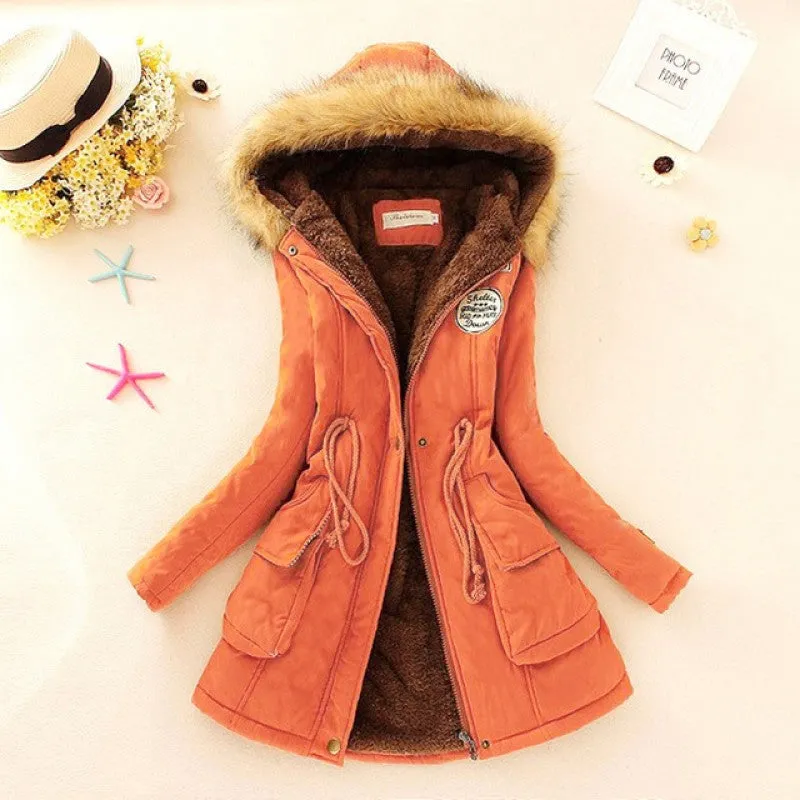 Long Women's Cotton-Padded Jacket With Wool Collar