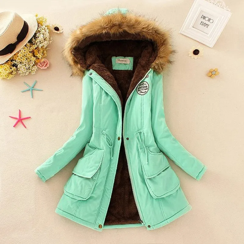 Long Women's Cotton-Padded Jacket With Wool Collar