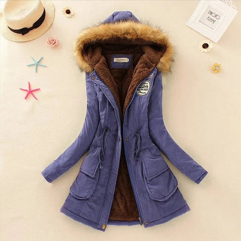 Long Women's Cotton-Padded Jacket With Wool Collar