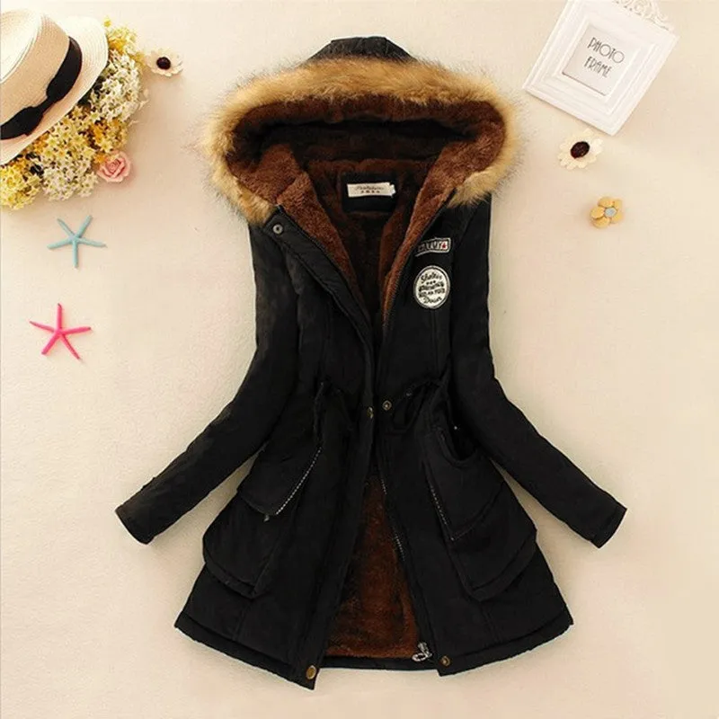 Long Women's Cotton-Padded Jacket With Wool Collar