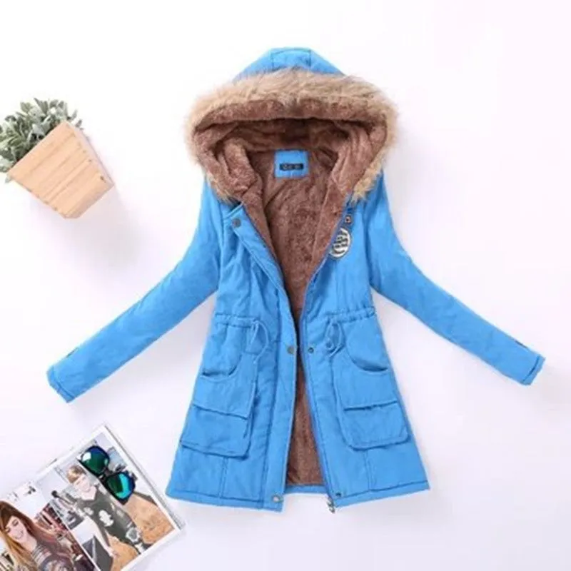 Long Women's Cotton-Padded Jacket With Wool Collar