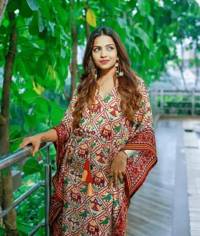 Maroon Gaji Silk Bandhej Kaftan Dress