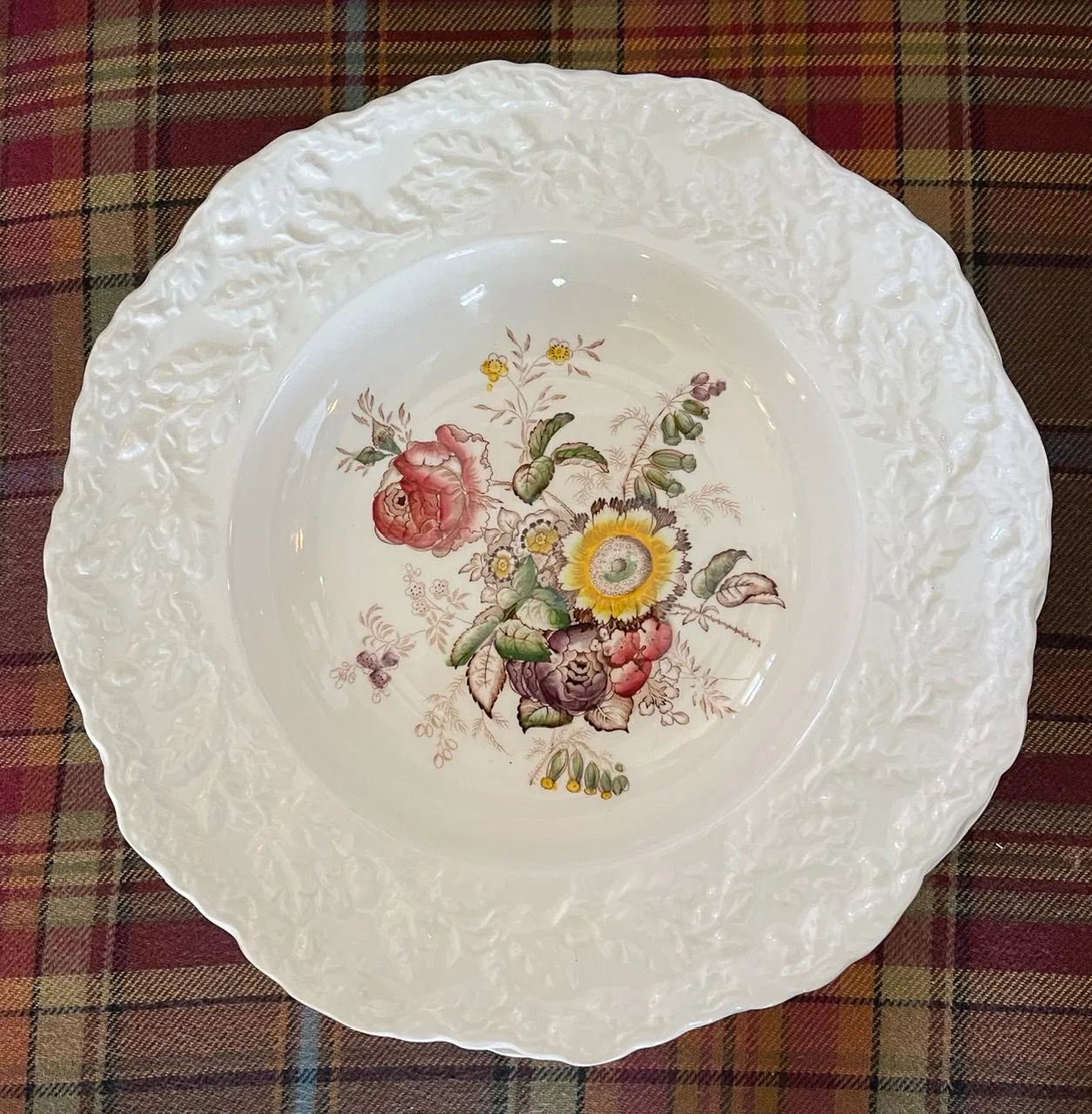 Masons Floral Transferware Hand Painted Rimmed Bowl Embossed Oak Leaf & Acorn Border