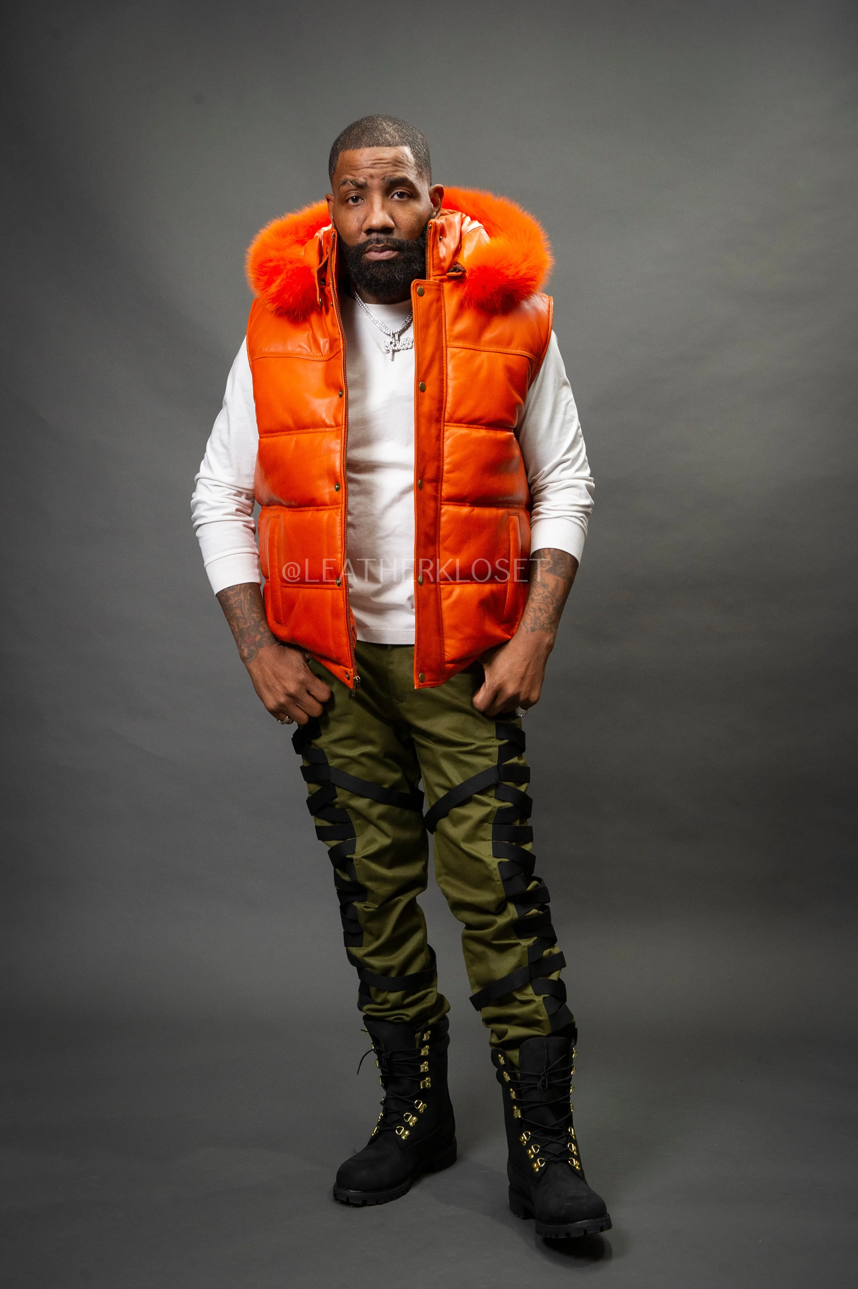 Men's Leather Bubble Vest With Fox Fur Hood [Orange]