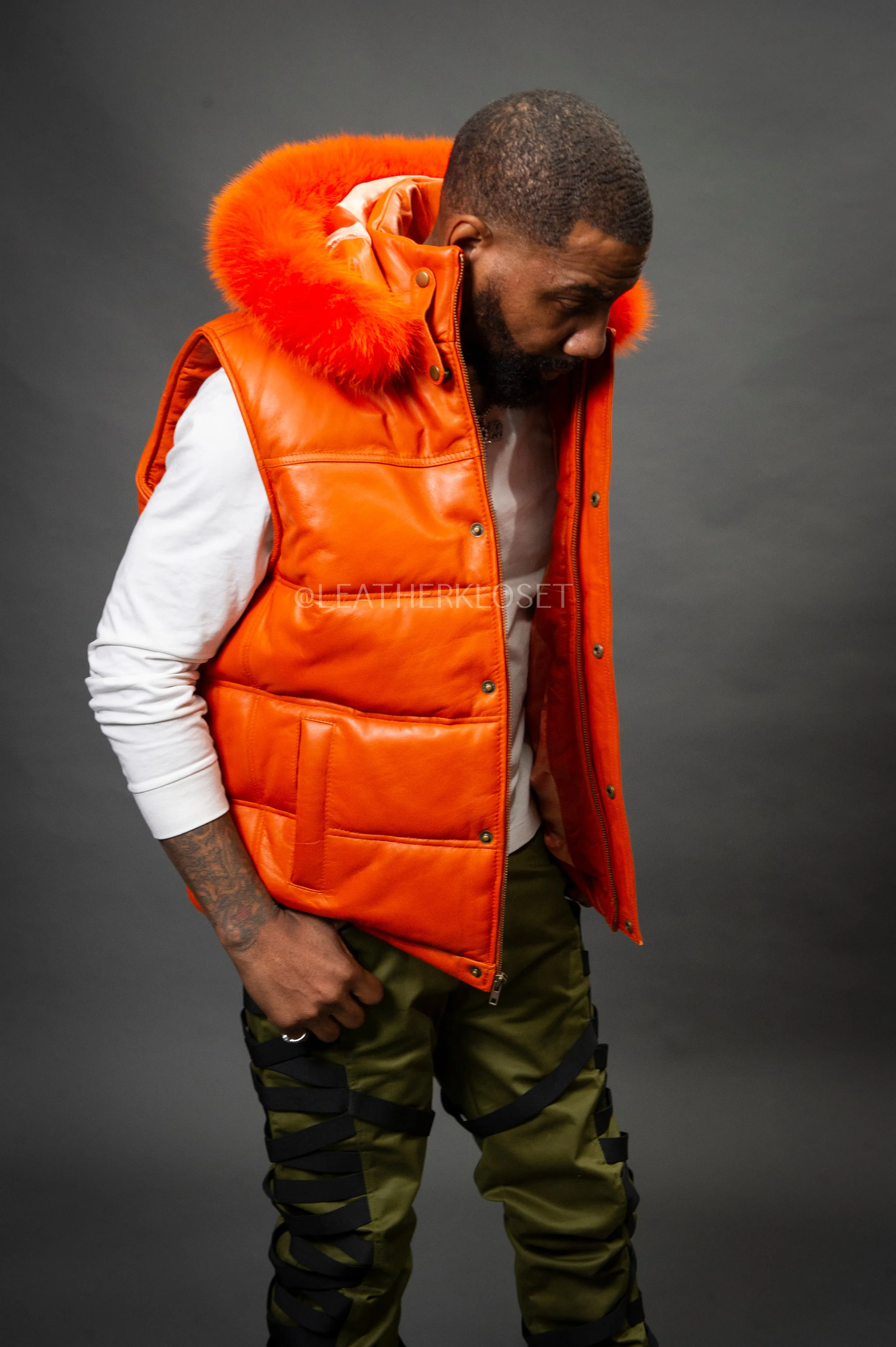 Men's Leather Bubble Vest With Fox Fur Hood [Orange]