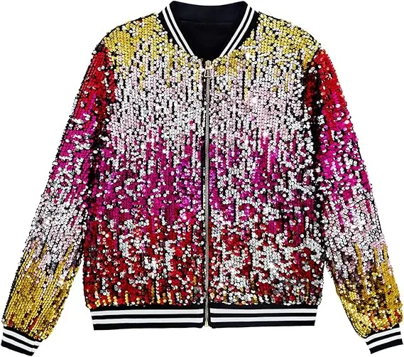 Men's Sequin Zip Up Blue-Pink Bomber Jacket