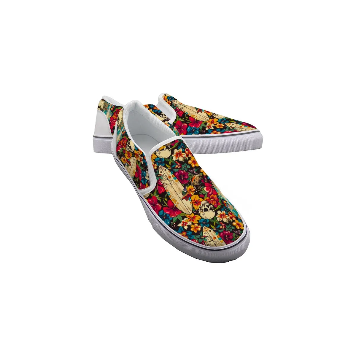 Men's Slip On Sneakers. Skulls and flowers print