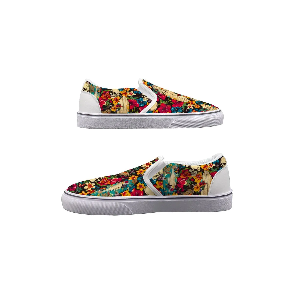 Men's Slip On Sneakers. Skulls and flowers print