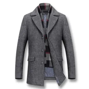 Men's Thick Urban Wool-Blend Winter Coat with Detachable Scarf