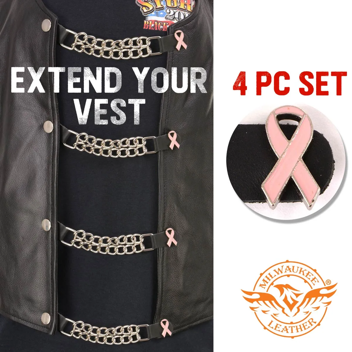 Milwaukee Leather Pink Ribbon Medallion Vest Extender - Double Chrome