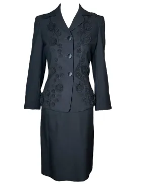 Moschino Couture Y2K Black Suit Ensemble with 3D Embroidered Roses