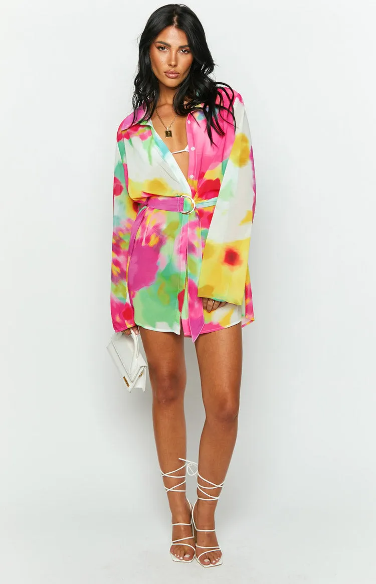 Moscow Floral Print Long Sleeve Button Up Mini Shirt Dress