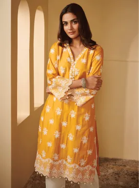 Mulmul Pima Satin Penna Yellow Kurta