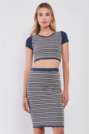 Navy & White Geometrical Pattern Short Sleeve Crop Top & High-Waisted Pencil Skirt Two Piece Set /1-2-2-1