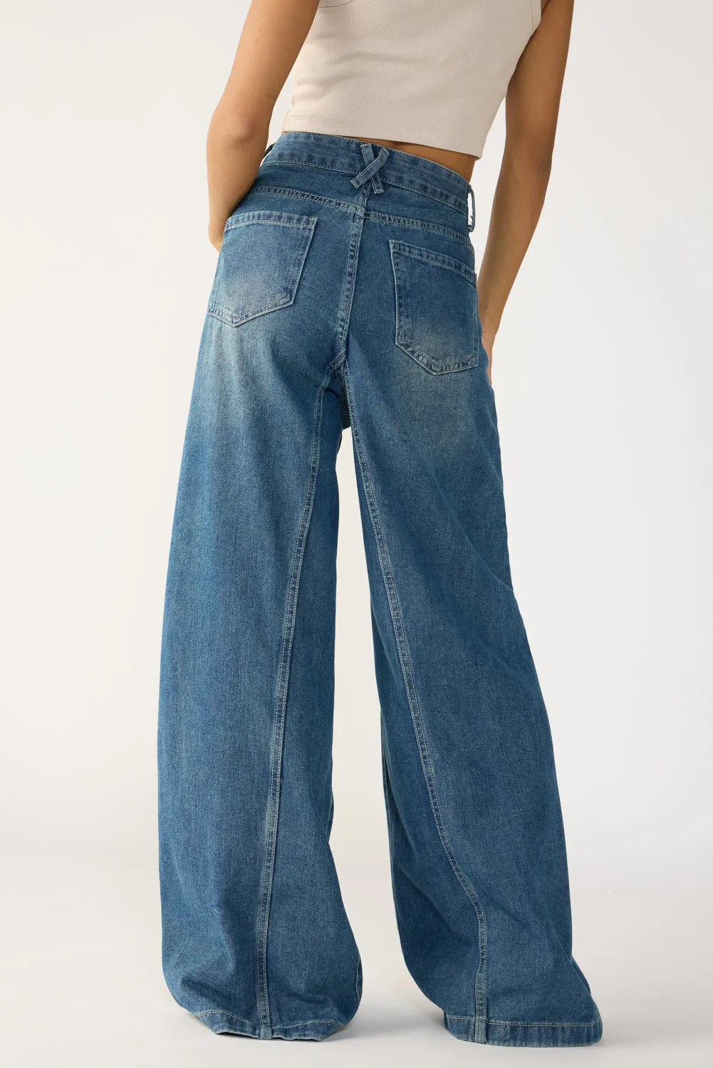 Navy Blue Denim Flared Korean Pants