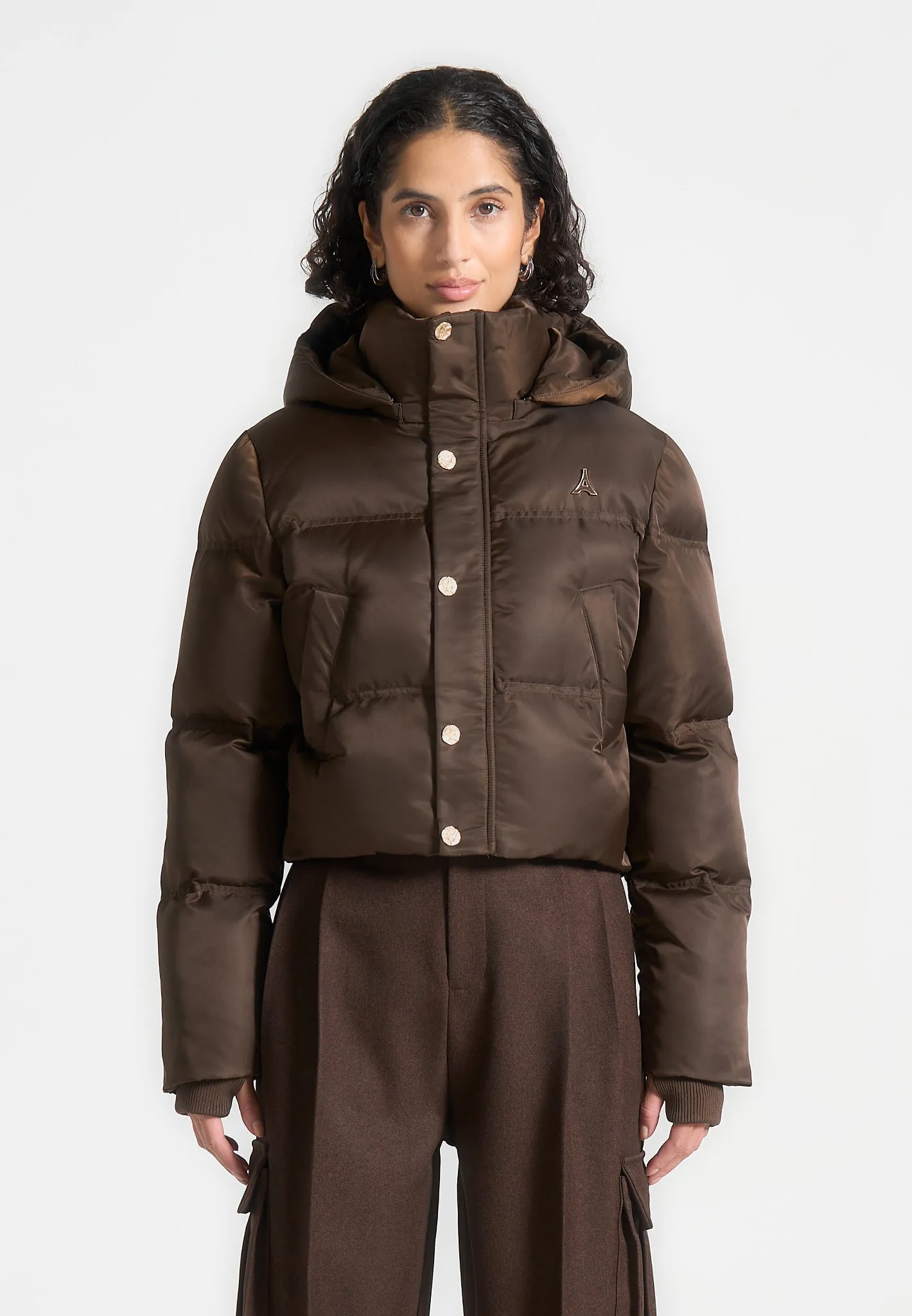 Nylon Eiffel Cropped Puffer Jacket - Brown