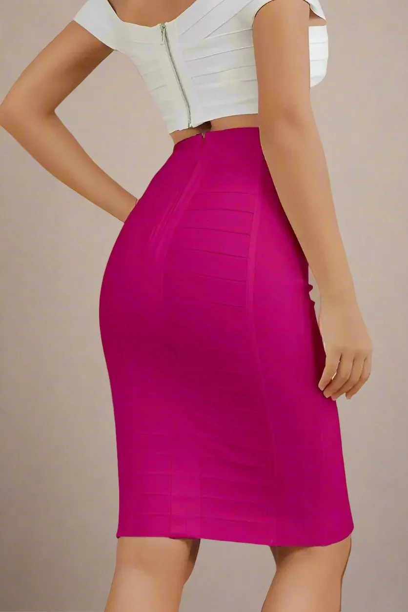 Pencil High Waist Bandage Knee Length Cocktail Skirt - Magenta Pink