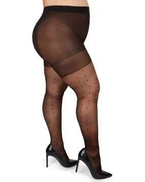 Pindot Sheer Plus Size Curvy Control Top Tights | Black-Black