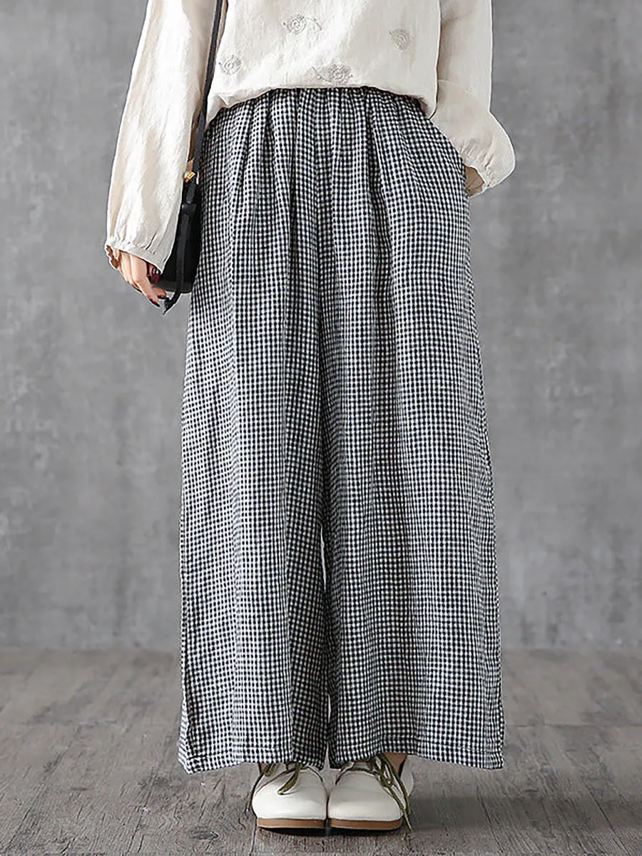 Plus Size Women Casual Plaid Linen Cotton Wide-Leg Pants