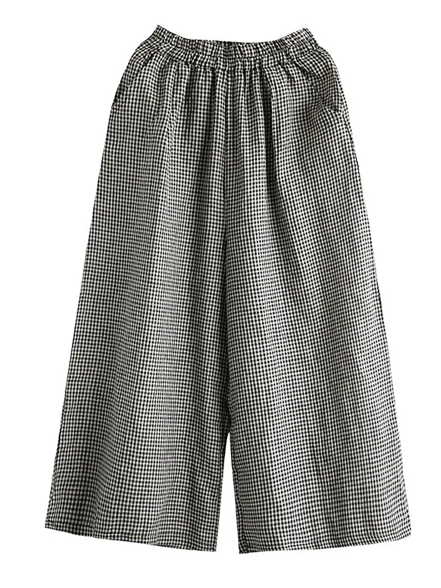 Plus Size Women Casual Plaid Linen Cotton Wide-Leg Pants