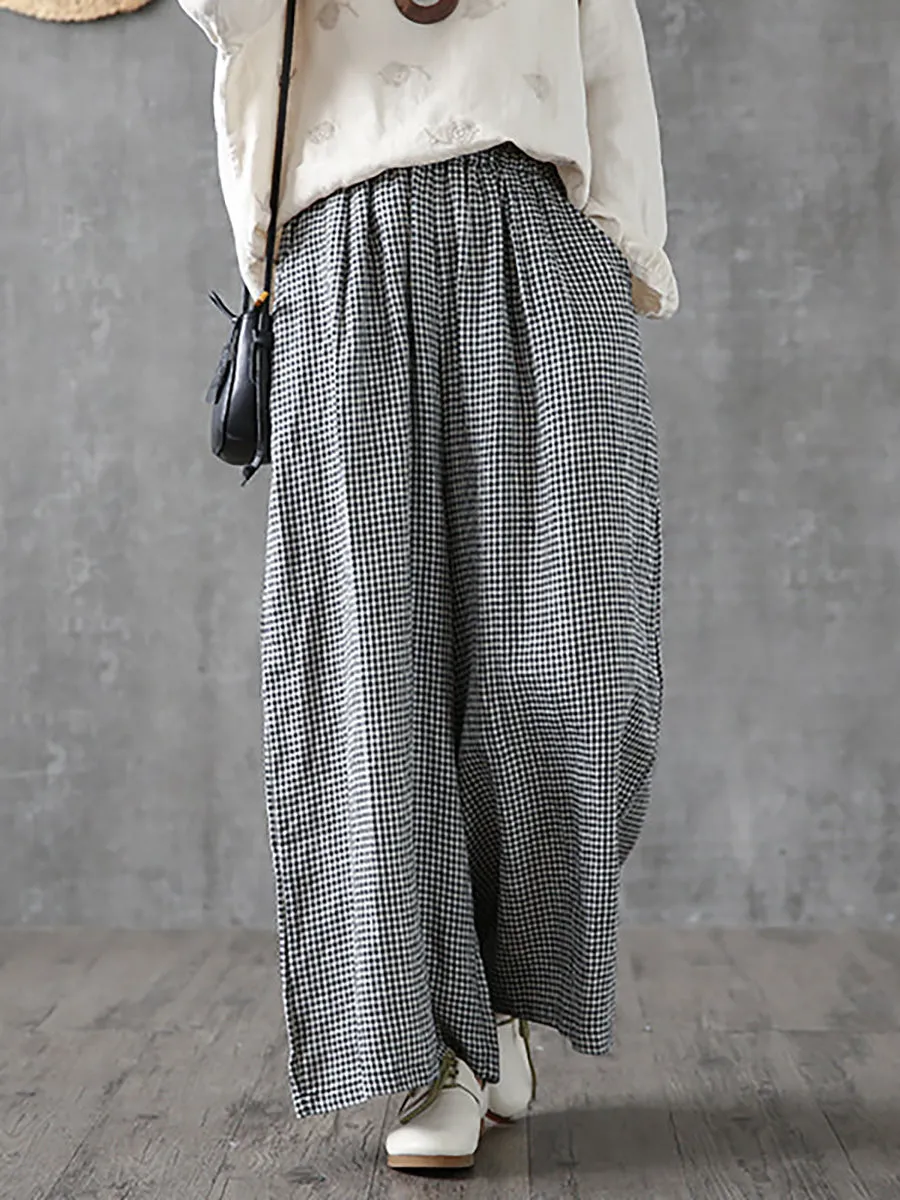 Plus Size Women Casual Plaid Linen Cotton Wide-Leg Pants