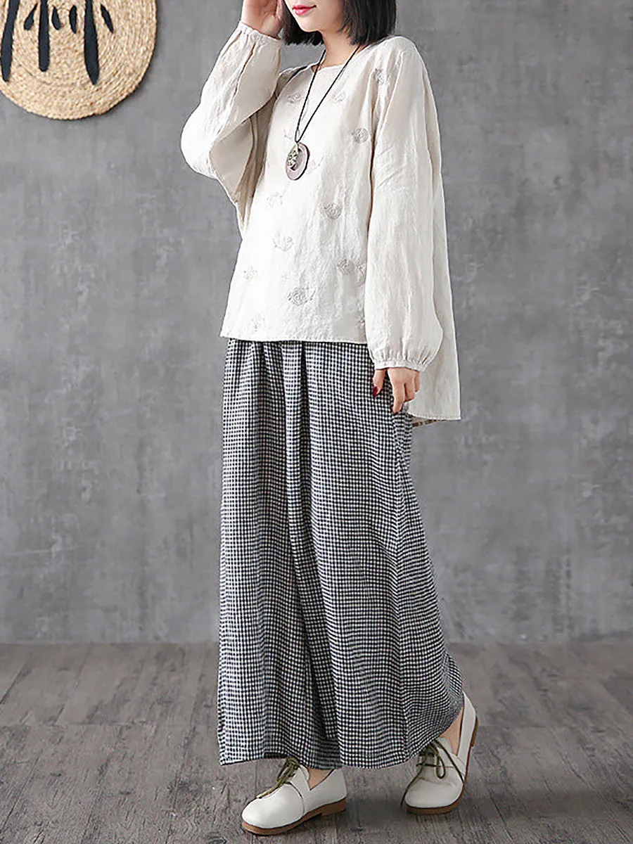 Plus Size Women Casual Plaid Linen Cotton Wide-Leg Pants