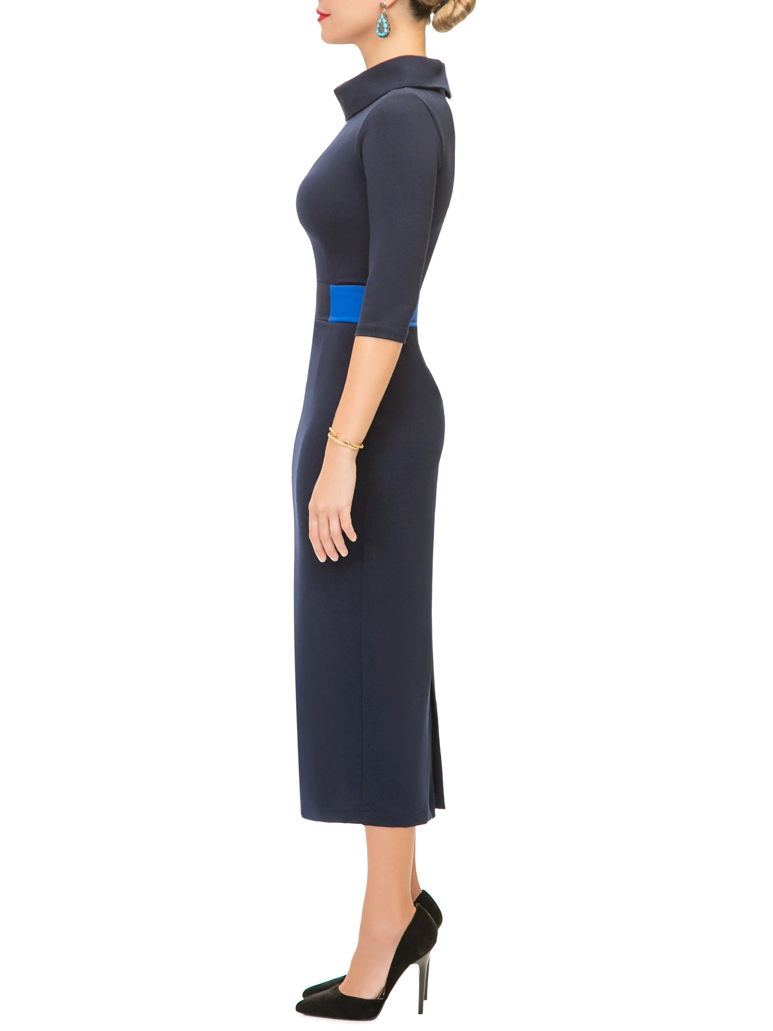 "Natasha" Navy Contrast Waist Pencil Dress