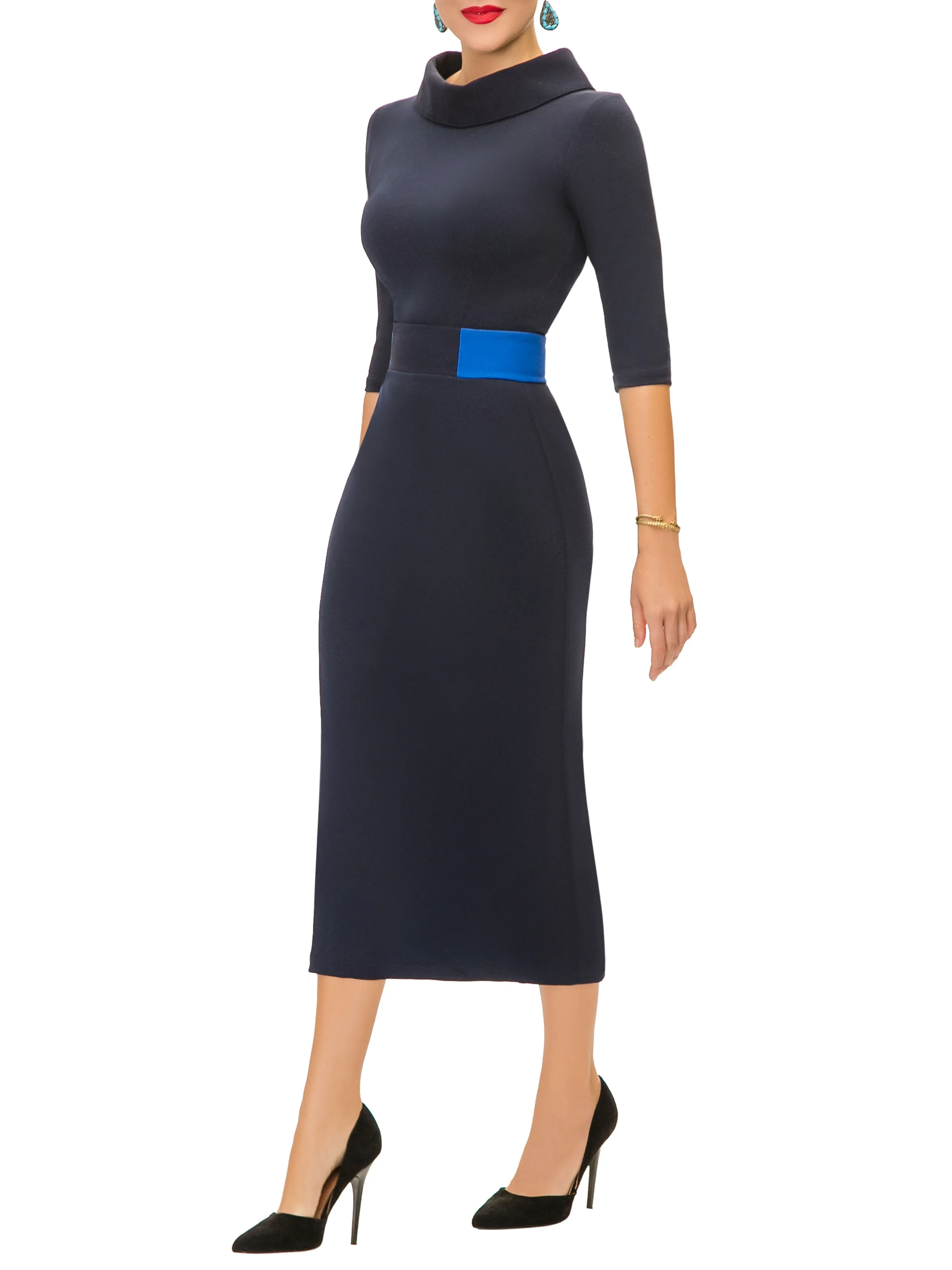 "Natasha" Navy Contrast Waist Pencil Dress