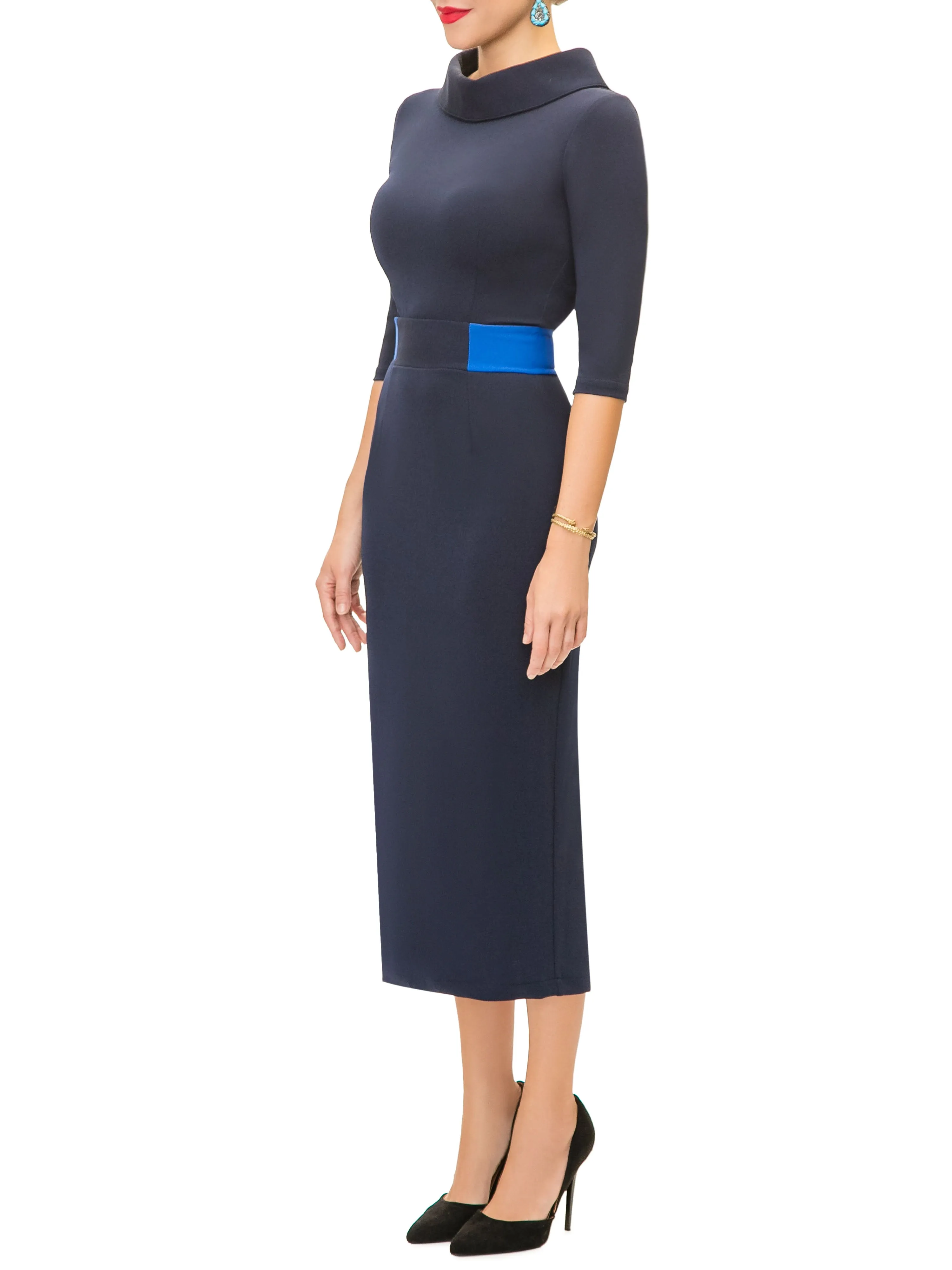 "Natasha" Navy Contrast Waist Pencil Dress