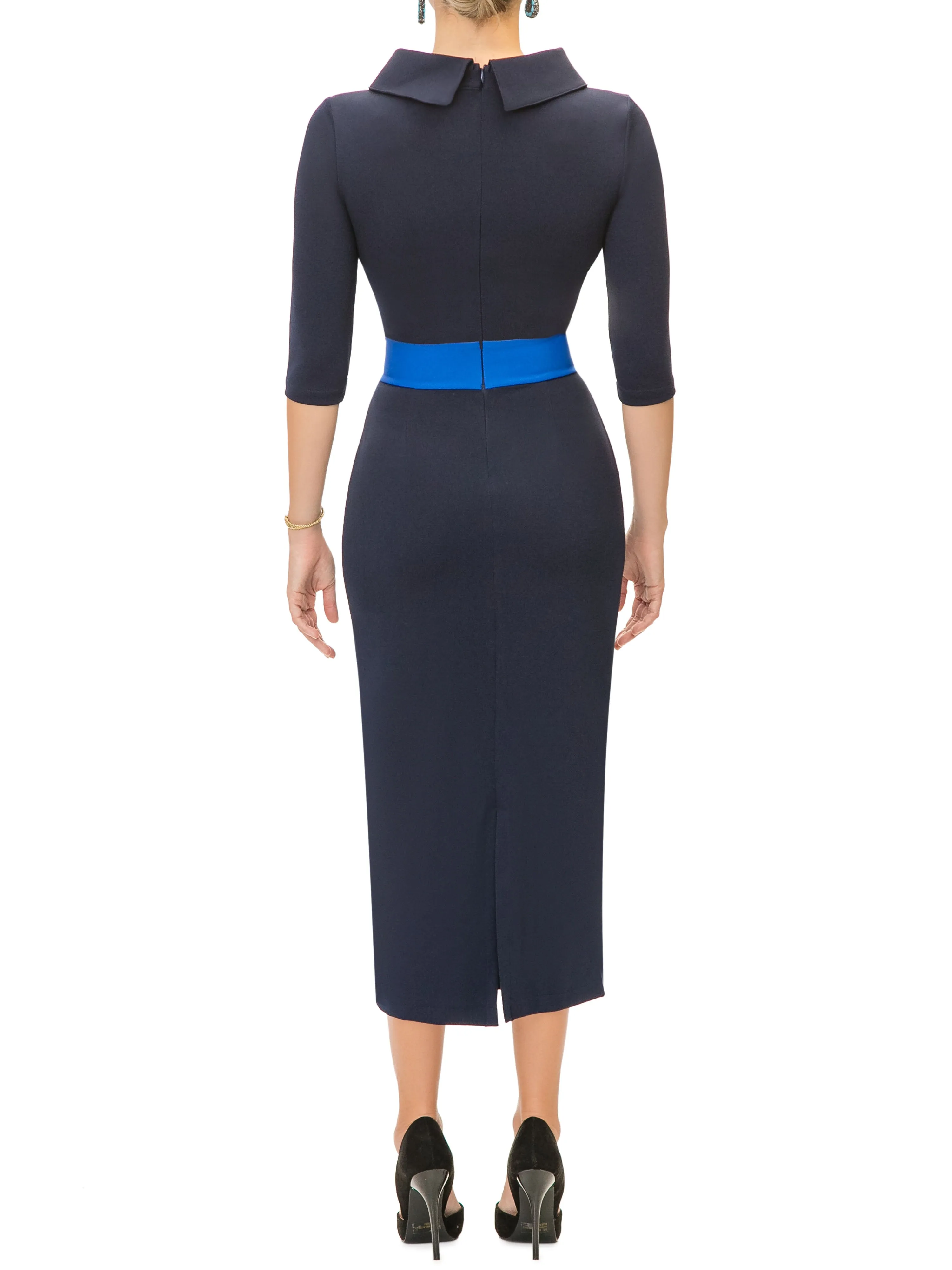 "Natasha" Navy Contrast Waist Pencil Dress