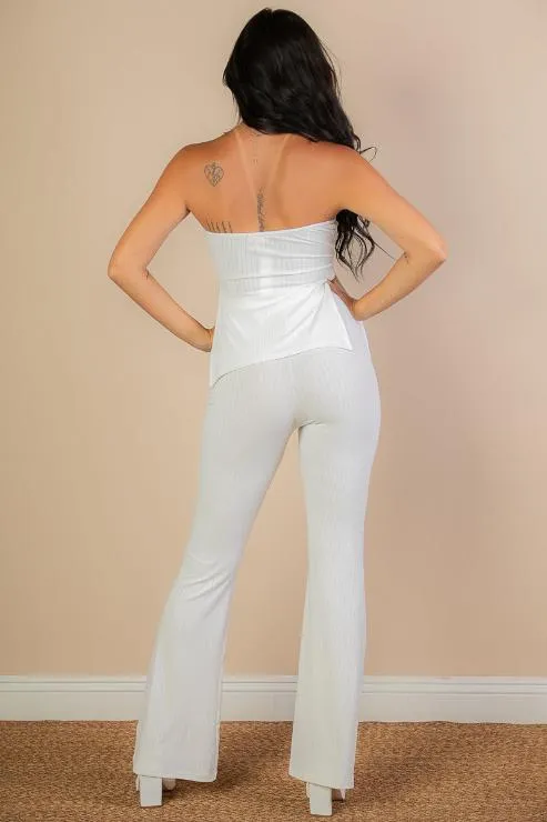 Ribbed Side Slit Bandeau Top & Flare Pants Set