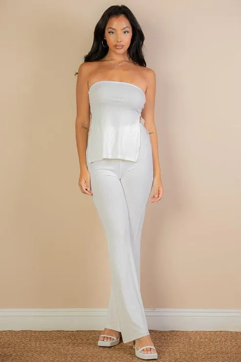 Ribbed Side Slit Bandeau Top & Flare Pants Set