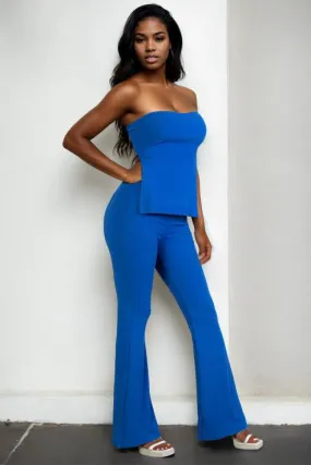 Ribbed Side Slit Bandeau Top & Flare Pants Set