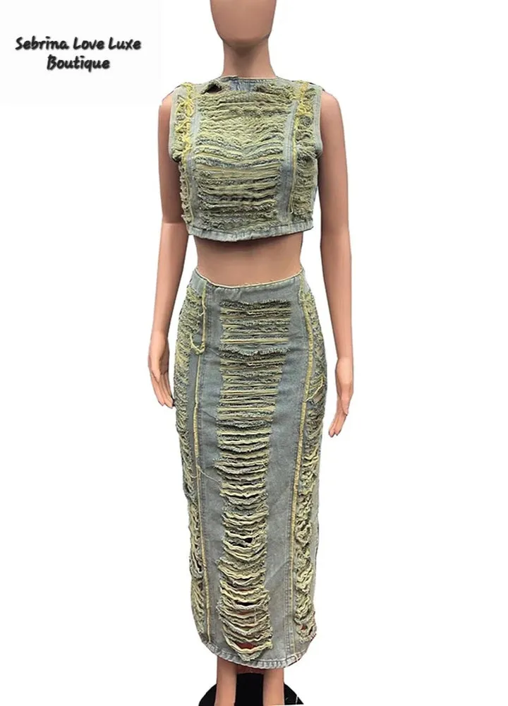 Sexy 2 Piece Distressed Shredded Crop Top & Maxi Skirt Set