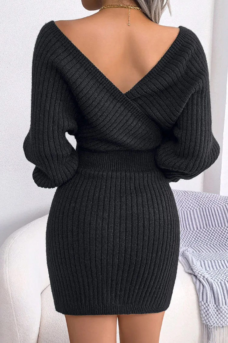 Sexy Winter Wrap V Neck Rib Knit Sweater Mini Dress - Black