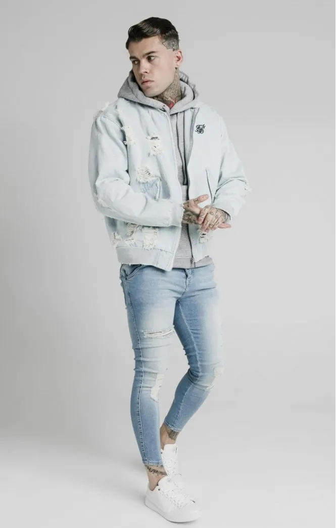 SikSilk Distressed Denim Bomber Jacket - Light Blue