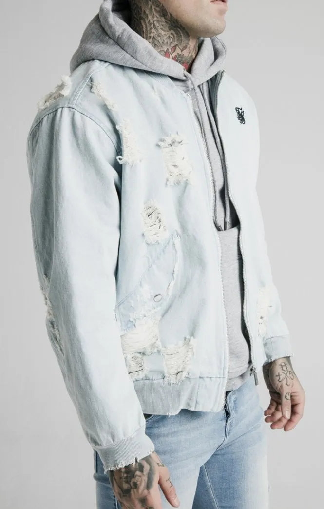 SikSilk Distressed Denim Bomber Jacket - Light Blue