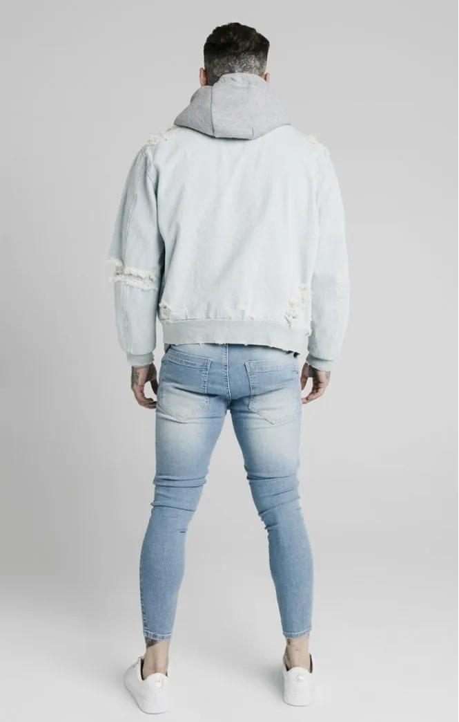 SikSilk Distressed Denim Bomber Jacket - Light Blue