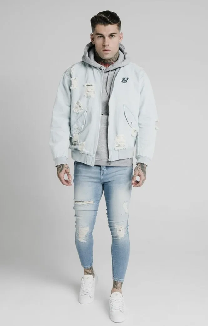 SikSilk Distressed Denim Bomber Jacket - Light Blue