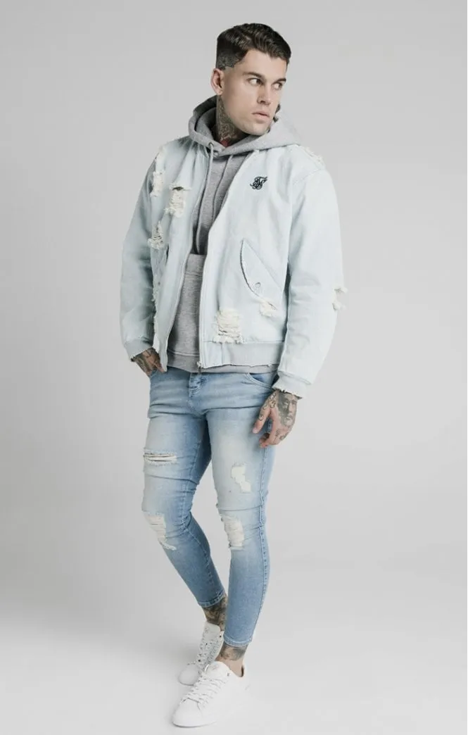 SikSilk Distressed Denim Bomber Jacket - Light Blue